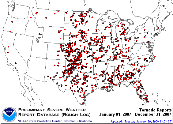 U.S. 2007 Tornadoes Map