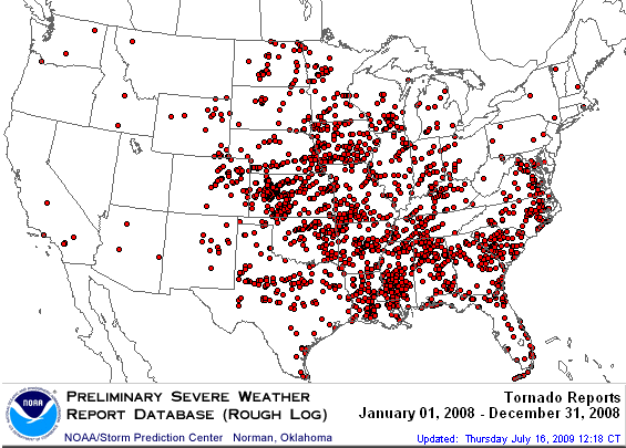 U.S. 2008 Tornadoes Map