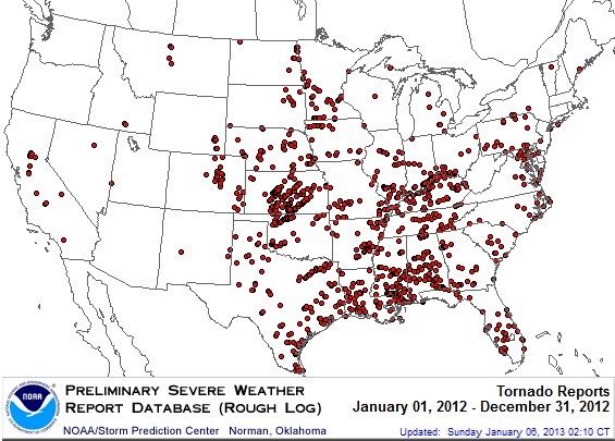 U.S. 2012 Tornadoes Map