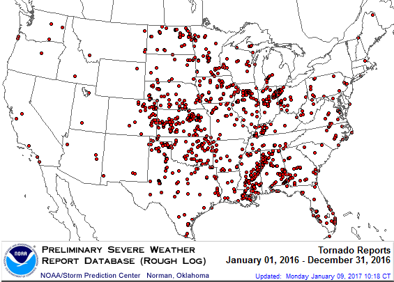 U.S. 2016 Tornadoes Map