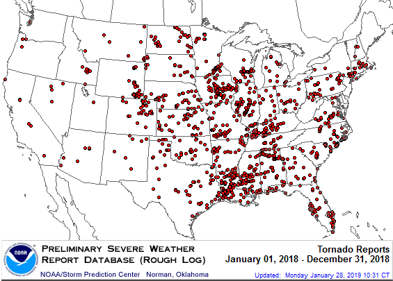 U.S. 2018 Tornadoes Map