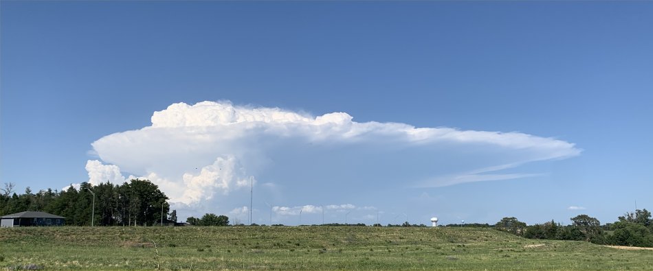 Large thundercloud over a grassy field under a bright blue sky.d