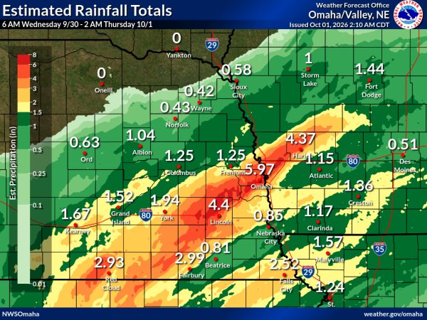 Rainfall map showing estimated totals in Nebraska and surrounding areas with values in inches.