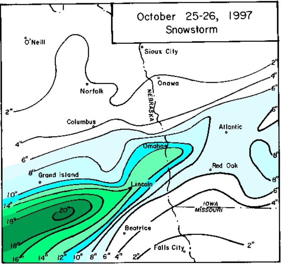 Snowstorm map from Oct 25–26, 1997 showing snowfall amounts across Nebraska and neighboring states.