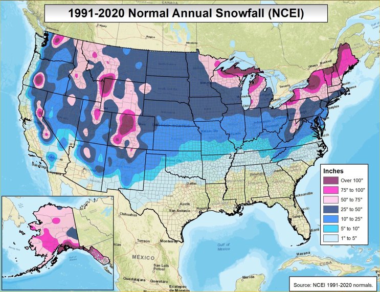 US Annual Snowfall Map