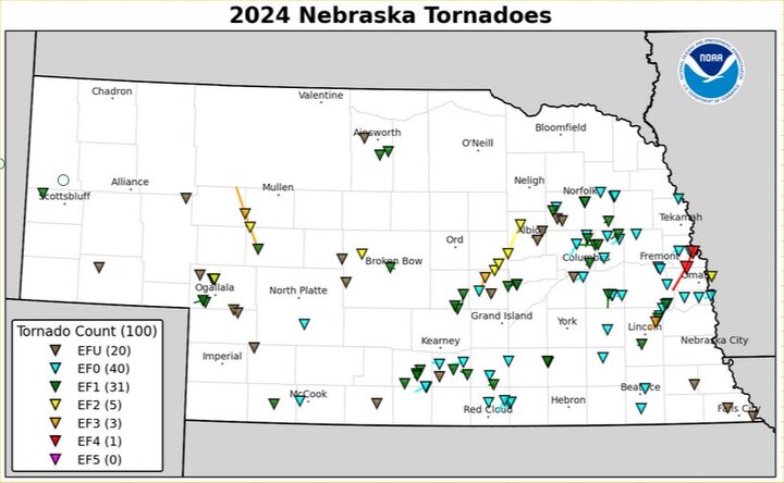 Map of year 2024 Nebraska tornadoes