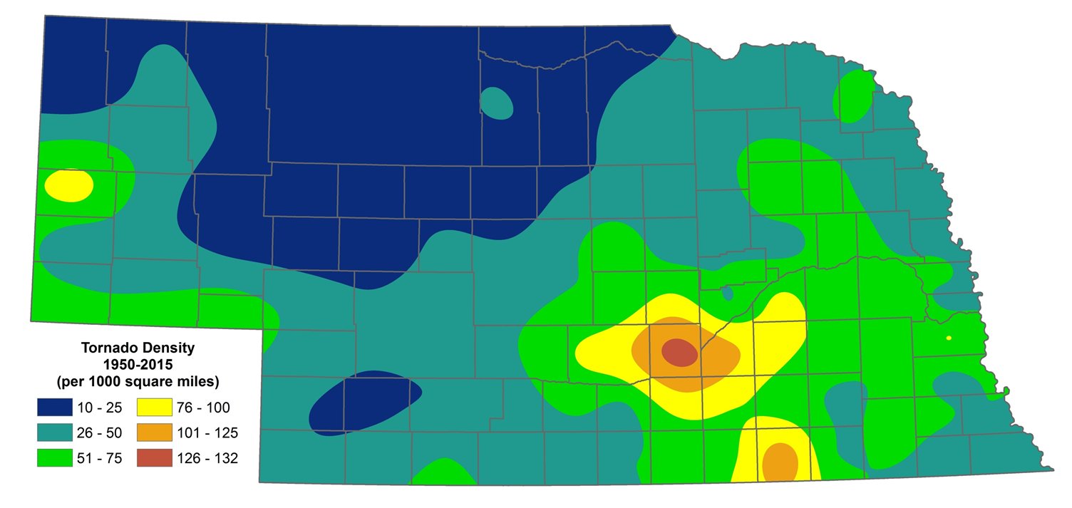 Maps of Nebraska Density of Tornadoes Lincoln Weather and Climate